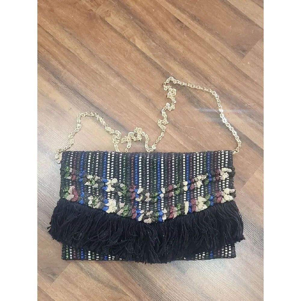 NWOT Metallic Striped Fringe XL Clutch